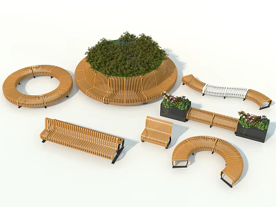 Garden Wooden Outdoor Chairs With Various Designs Circular Bench And Plants 3d model
