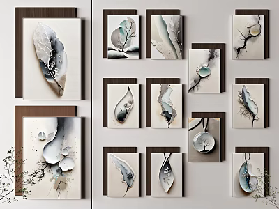 Abstract Paintings With Leaf And Teardrop Shaped Forms Soft Tones Blue Accents And Brown Frames 3d model