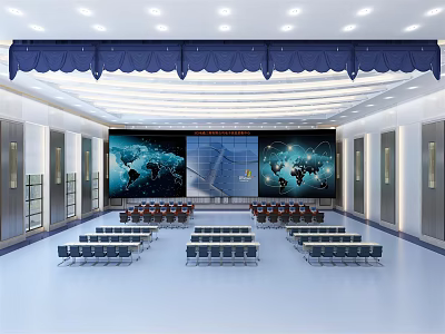 Modern Control Room Interior With Large Monitoring Screens World Map Charts And Seats 3d model