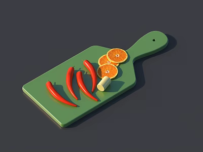 Green Kitchen Cutting Board With Orange Slices And Red Chili Peppers 3d model
