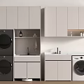 Modern Laundry Room Setup With Stacked Washer Dryer Cabinets And Sink 3d model