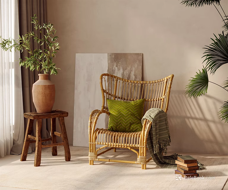 Rattan Lounge Chair With Green Cushion Cozy Blanket And Potted Plants In Warm Natural Living Room 3d model 
