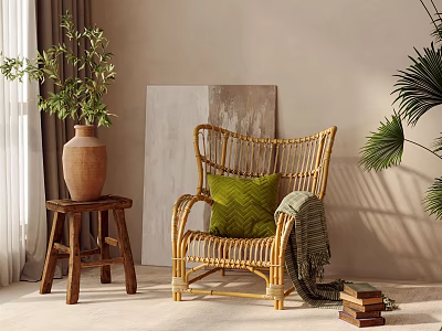 Rattan Lounge Chair With Green Cushion Cozy Blanket And Potted Plants In Warm Natural Living Room 3d model