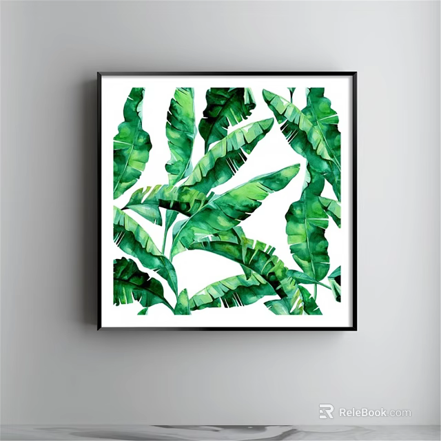 Green Tropical Leaf Botanical Plant Painting In Black Frame On White Wall 3d model 