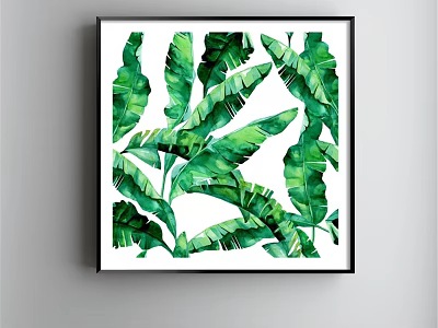 Green Tropical Leaf Botanical Plant Painting In Black Frame On White Wall 3d model