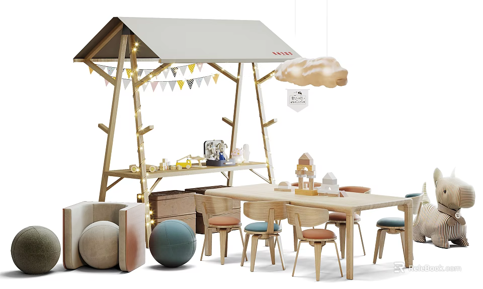 Playful Wooden Kids Activity Table With Tent Bunting Flags Cloud Decoration Toys And Chairs 3d model 
