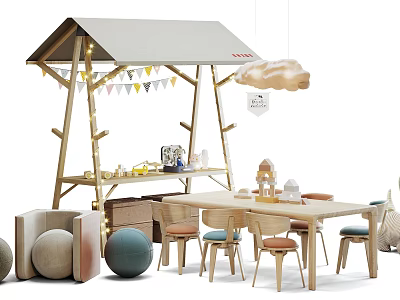 Playful Wooden Kids Activity Table With Tent Bunting Flags Cloud Decoration Toys And Chairs 3d model