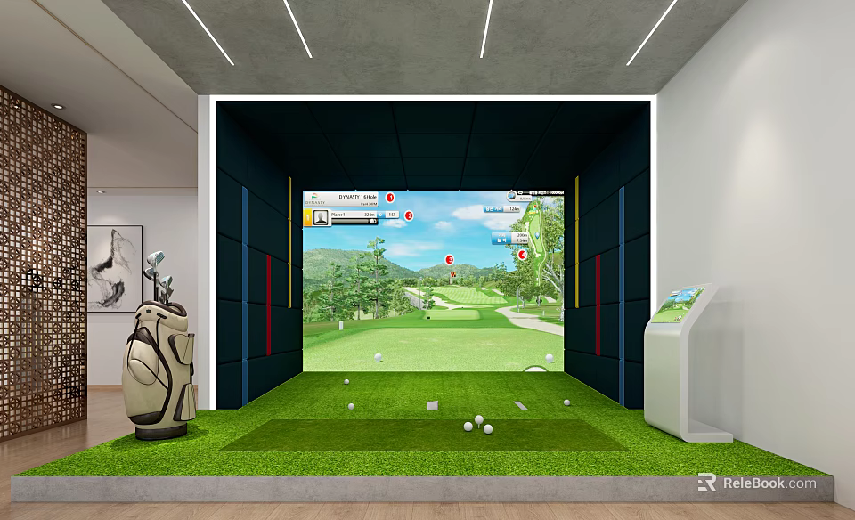 Indoor Golf Simulator Practice Space With Green Turf And Golf Course Display For Fitness Training 3d model 