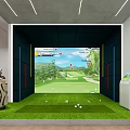 Indoor Golf Simulator Practice Space With Green Turf And Golf Course Display For Fitness Training