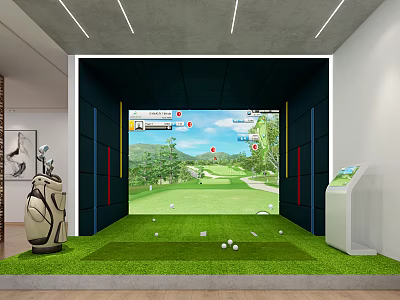 Indoor Golf Simulator Practice Space With Green Turf And Golf Course Display For Fitness Training 3d model
