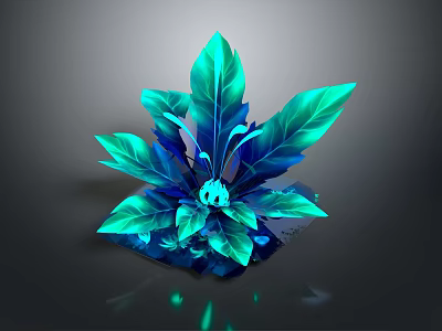 Vibrant Plant with Blue Green Feathery Leaves and Central Blue Bloom Glowing in Dark Background 3d model
