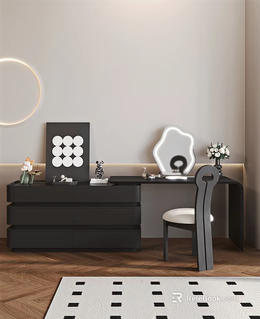 Black Modern Dressing Table with Round Mirror Geometric Art and Vase in Bedroom 3d model 