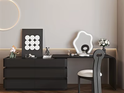 Black Modern Dressing Table with Round Mirror Geometric Art and Vase in Bedroom 3d model