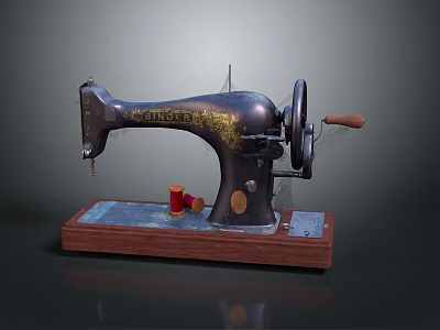 Vintage Sewing Machine with Retro Design Wooden Base Golden Decoration and Red Thread Spool 3d model