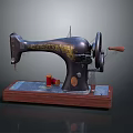 Vintage Sewing Machine with Retro Design Wooden Base Golden Decoration and Red Thread Spool