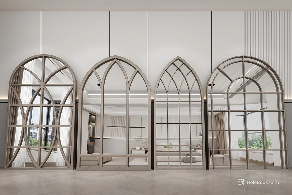 Modern Arched Mirror Doors with Glass Metal Frames Reflecting Interior Open Space 3d model