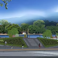 Scenic Park Landscape With Green Lawns Stone Steps Trees And Mountain View Under Blue Sky