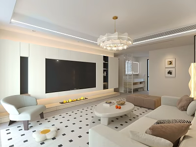 Modern Minimalist Cream Tone Living Room With Large Built In TV And Cozy Soft Furnishings 3d model