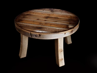 Rustic Natural Wooden Single Stool With Round Plank Seat And Four Legs Design 3d model