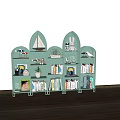 Light Green Modern Arched Metal Bookcase With Books Decorations Sailboat Model And Potted Plant