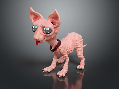 Pink Fantasy Dog Creature With Large Ears Big Eyes Collar And Tongue Out 3d model