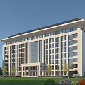 Modern Office Building Exterior With Large Glass Windows And Symmetrical Structure Design