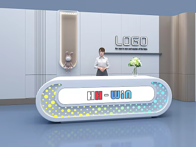 Modern White Reception Desk with Colorful Dots m-Win Logo and Vase with Flowers 3d model