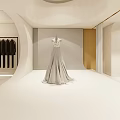 Elegant Modern Bridal Shop Interior With Mirrored Walls Hanging Wedding Dresses And Central Gown