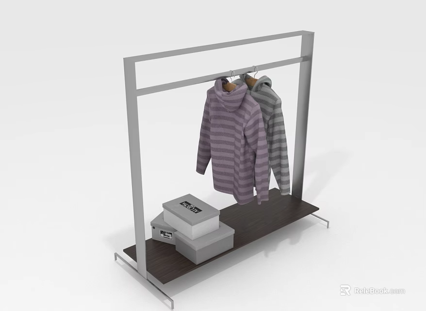 Modern Clothing Rack With Striped Sweaters And Wooden Shelf Holding Boxes 3d model 