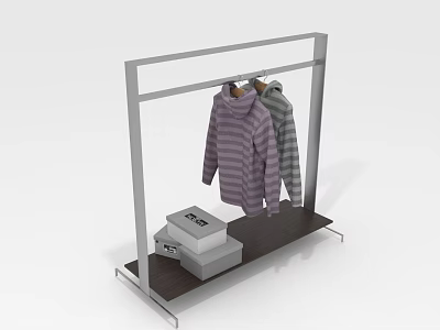 Modern Clothing Rack With Striped Sweaters And Wooden Shelf Holding Boxes 3d model