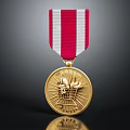 Shiny Gold Medal With Red And White Striped Ribbon And Detailed Front Design