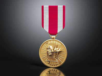Shiny Gold Medal With Red And White Striped Ribbon And Detailed Front Design 3d model
