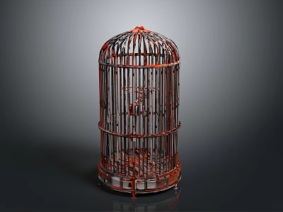 Red Metal Birdcage Design With Vertical Bars And Decorative Base 3d model
