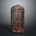 Red Metal Birdcage Design With Vertical Bars And Decorative Base