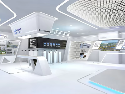 Modern Exhibition Hall Interior With White Booths Digital Screens And Info Panels 3d model