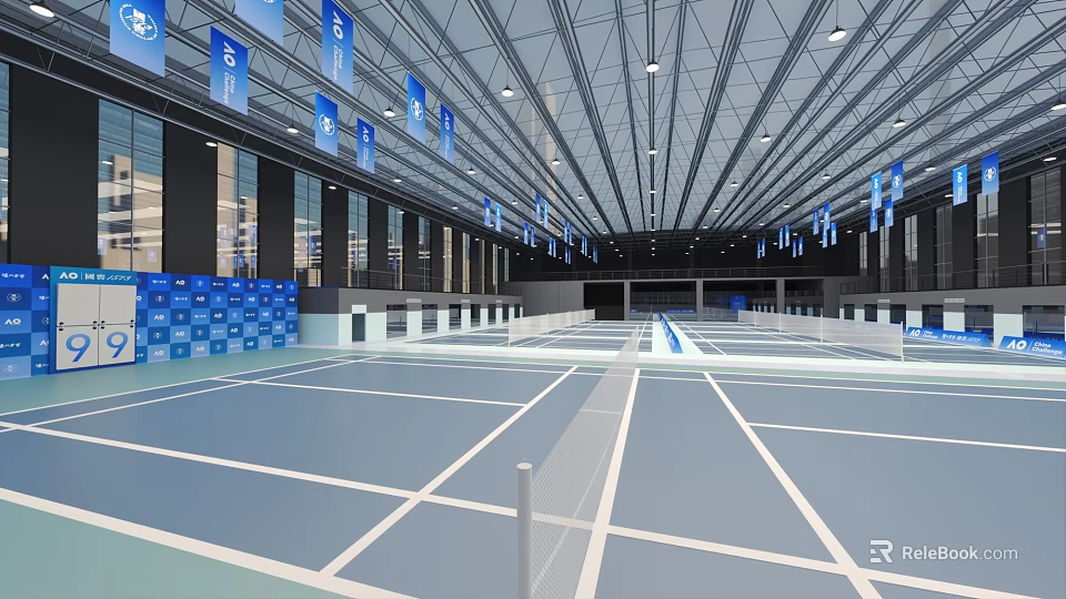 Indoor Sports Fitness Venue With Multiple Tennis Courts Blue Flooring Ceiling Lights And Side Banners 3d model 