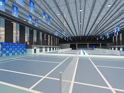 Indoor Sports Fitness Venue With Multiple Tennis Courts Blue Flooring Ceiling Lights And Side Banners 3d model