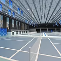 Indoor Sports Fitness Venue With Multiple Tennis Courts Blue Flooring Ceiling Lights And Side Banners