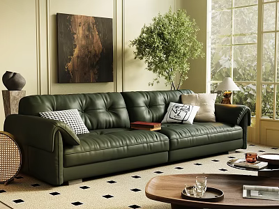 Stylish Living Room With Green Leather Sofa Wall Art Potted Plant And Large Window 3d model