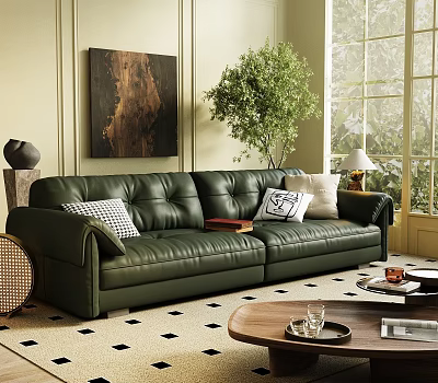 Stylish Living Room With Green Leather Sofa Wall Art Potted Plant And Large Window 3d model