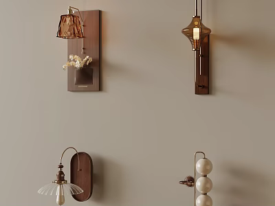 Modern Vintage Wall Lamps With Wooden Base Fabric Shade And Glass Globe Decor 3d model