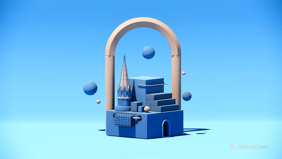 Modern Blue Decorative Structure With Arch Tower Steps And Spheres 3d model