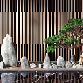 Miniature Garden With Rock Formations Pine Tree Water Reflection And Vertical Slat Wall Lighting 3d model
