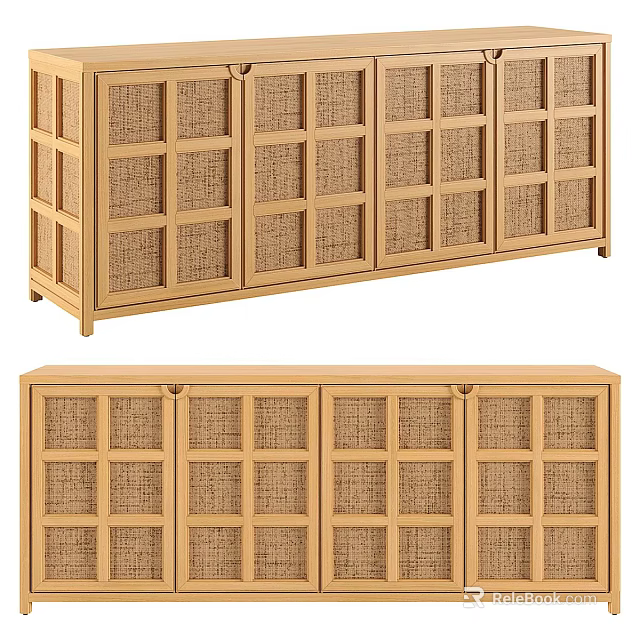 Natural Wooden Sideboard With Woven Grid Panels And Simple Natural Finish 3d model 