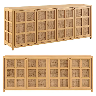 Natural Wooden Sideboard With Woven Grid Panels And Simple Natural Finish 3d model