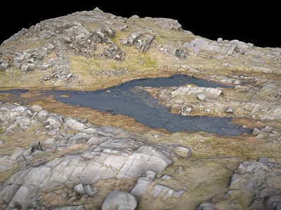 Natural Rocky Terrain With Small Water Pools And Green Grass Patches 3d model