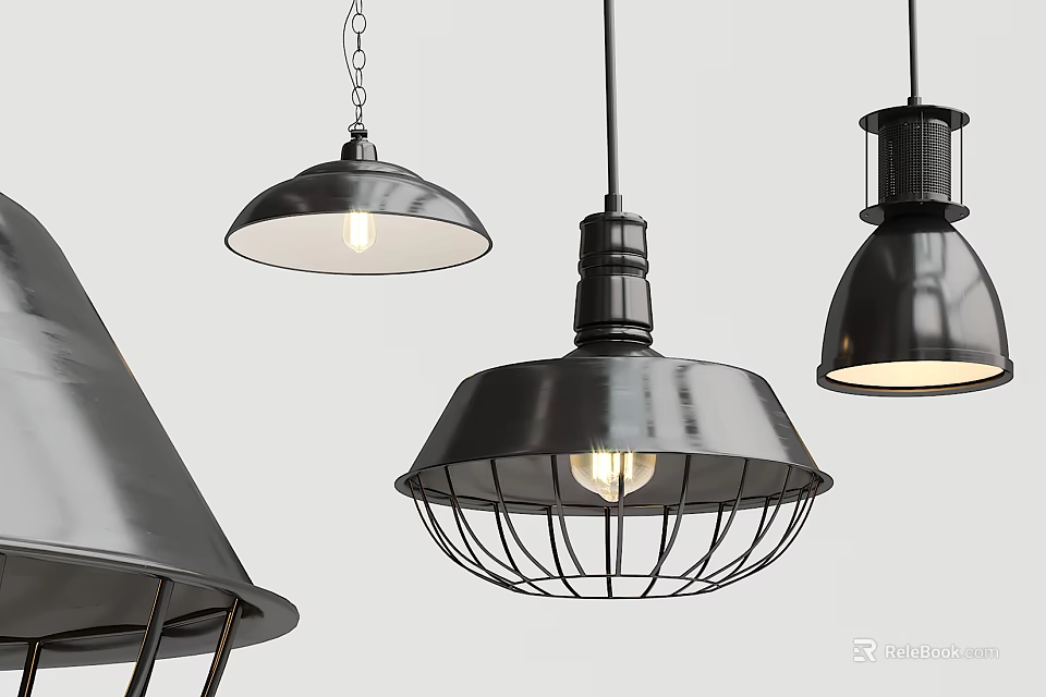 Black Pendant Lights Featuring Various Designs Metal Cage Shades Dome Shapes And Visible Bulbs 3d model 