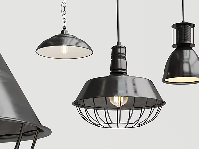 Black Pendant Lights Featuring Various Designs Metal Cage Shades Dome Shapes And Visible Bulbs 3d model