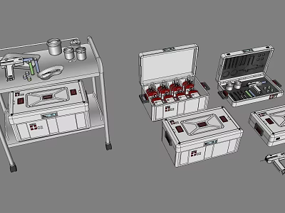 Medical Equipment Set With Portable Cases Wheeled Trolley Tools And Medicine Bottles 3d model