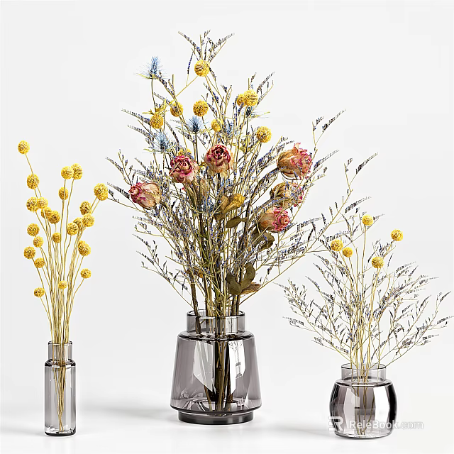 Decorative Colorful Flowers In Transparent Glass Vases With Yellow Pink Blue Blooms 3d model 